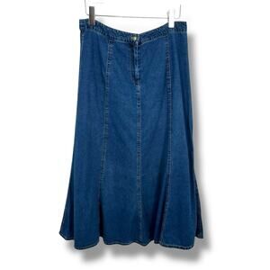 Cynthia Max denim skirt 16 flare A line mermaid zip front midi medium wash blue